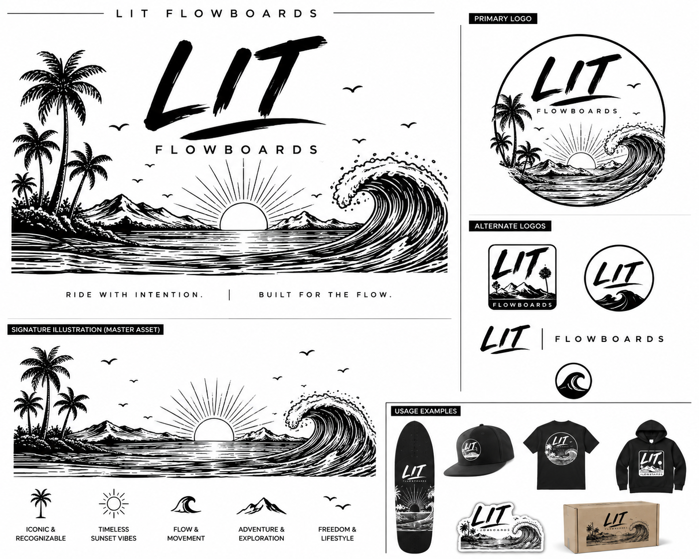 LIT Flowboards monochrome surf-inspired brand illustration exploration